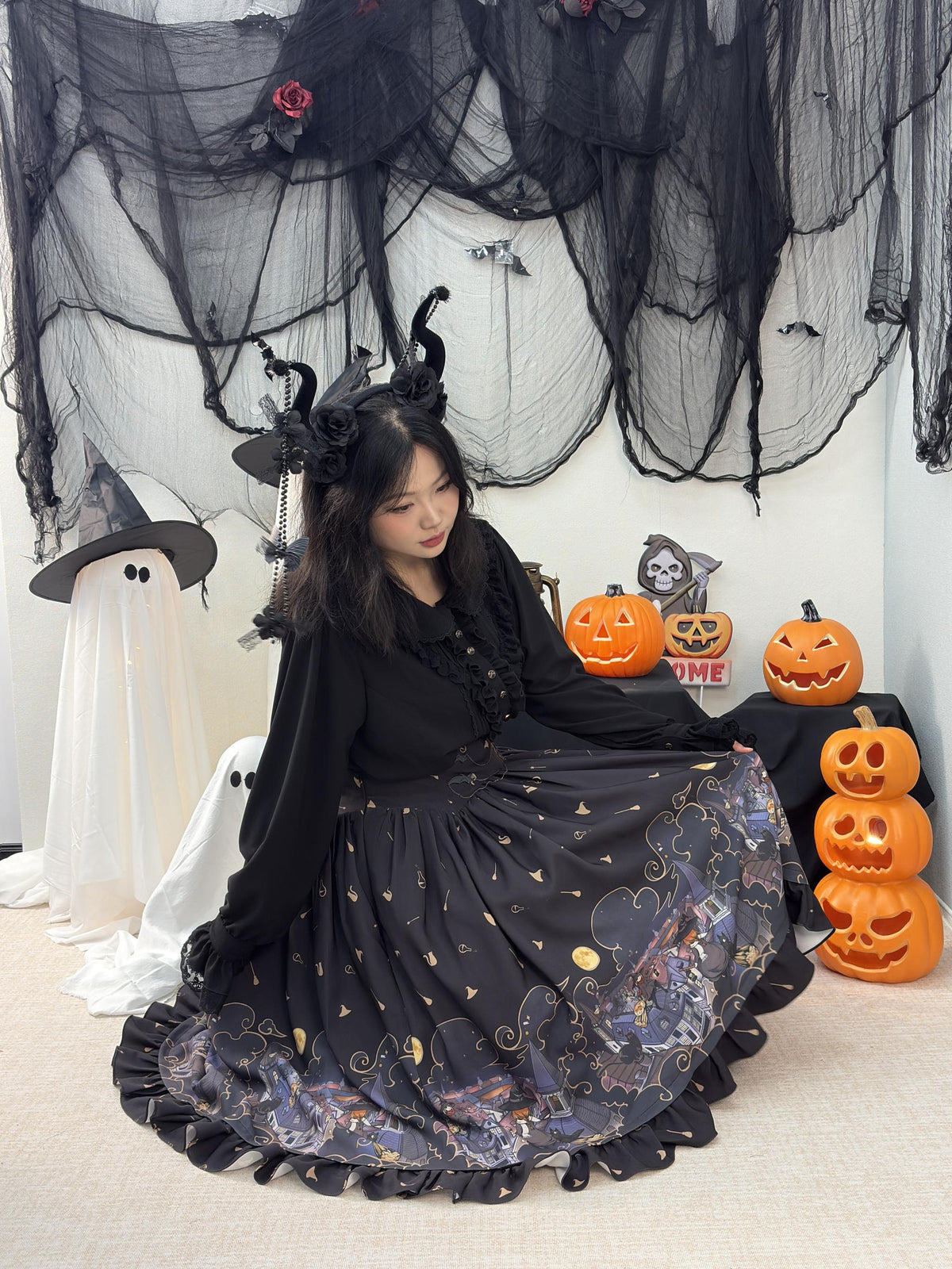 Witching Night - Halloween Gothic Lolita Plus Size Skirt, Witch-Themed Print 46090:874826