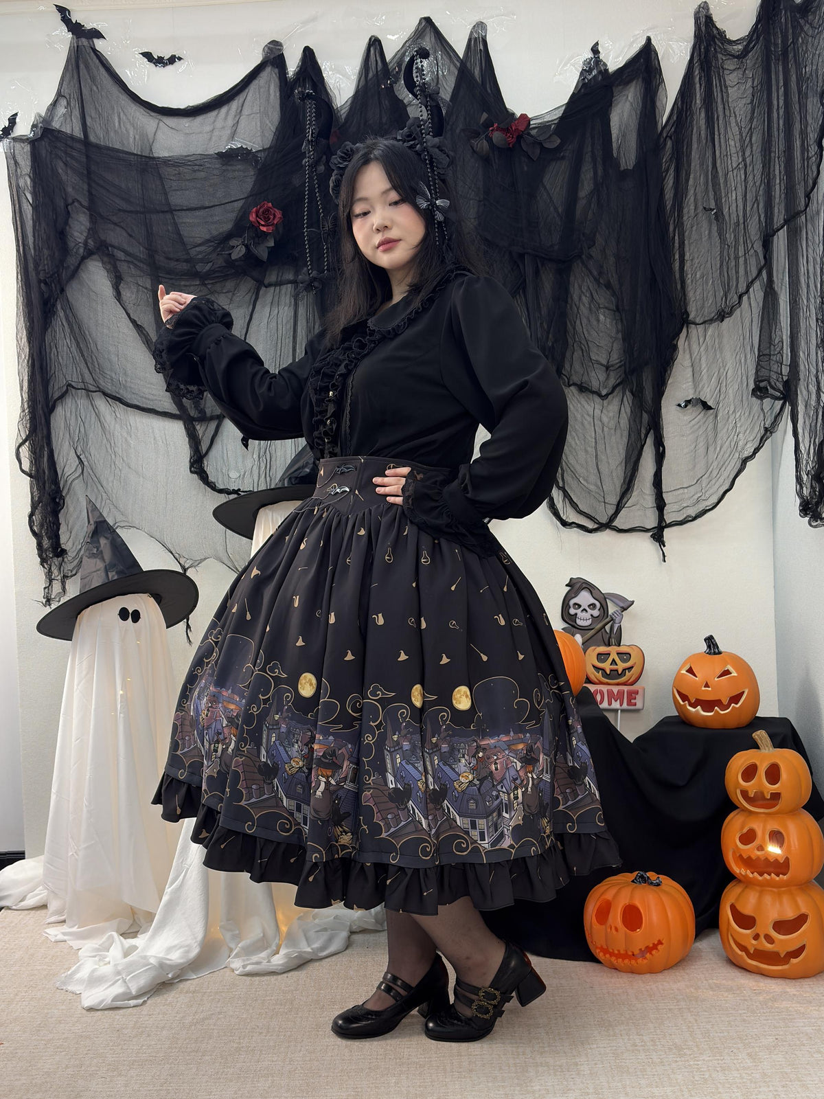 Witching Night - Halloween Gothic Lolita Plus Size Skirt, Witch-Themed Print 46090:874812