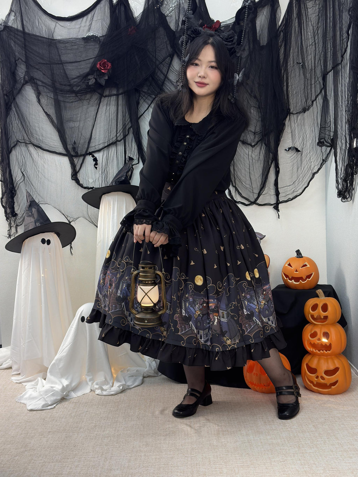 Witching Night - Halloween Gothic Lolita Plus Size Skirt, Witch-Themed Print 46090:874809