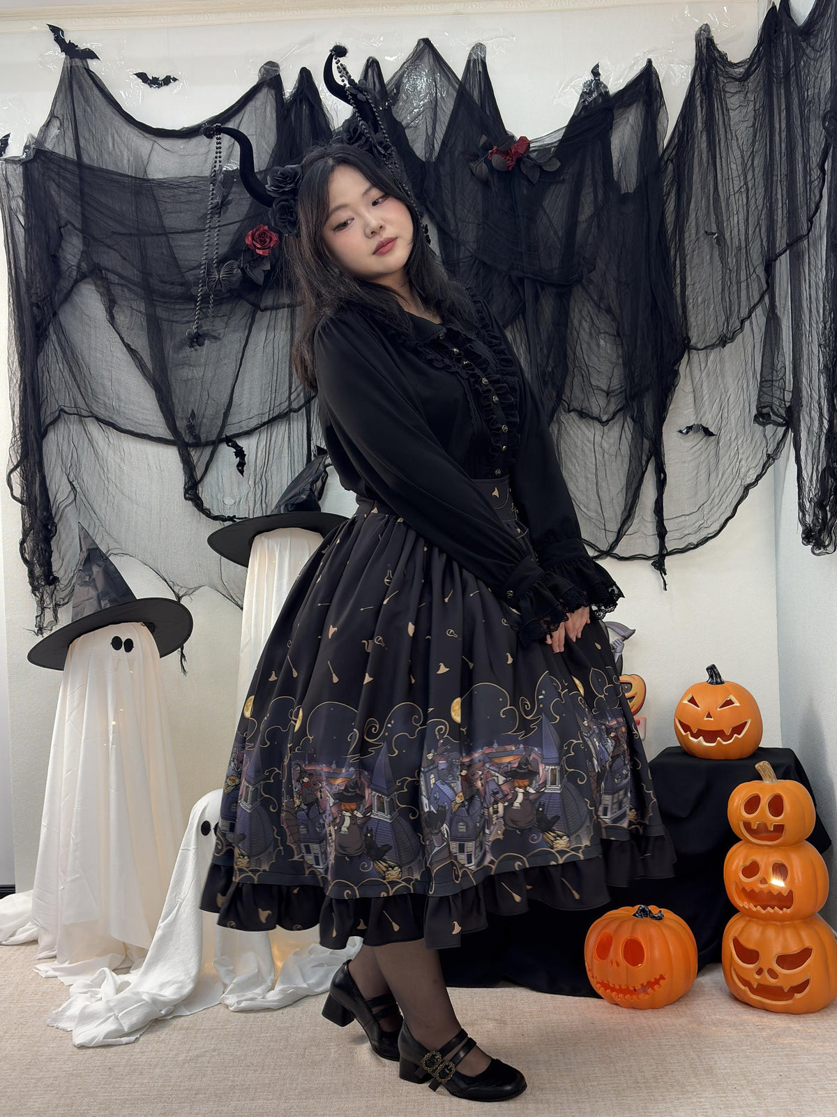 Witching Night - Halloween Gothic Lolita Plus Size Skirt, Witch-Themed Print 46090:874821