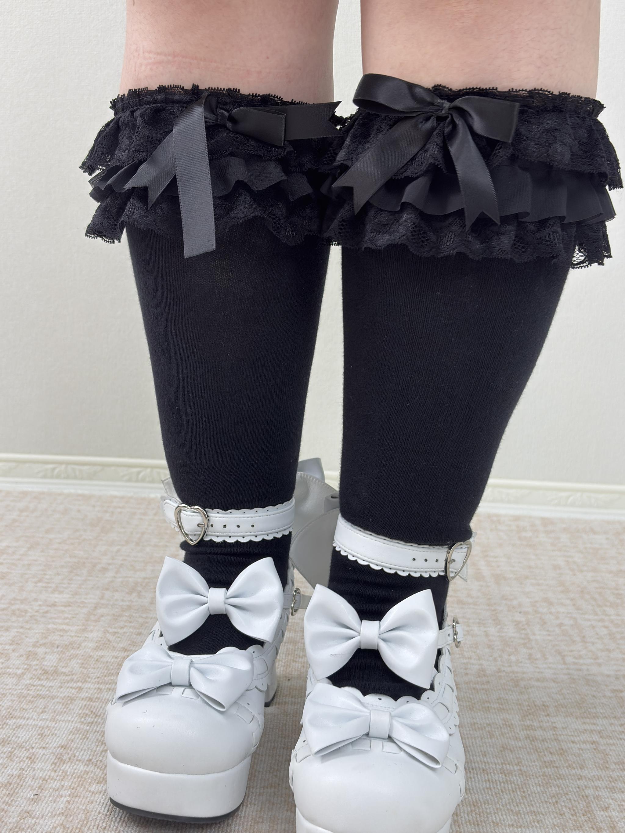 Plus Size Lolita Calf Socks, Layered Lace & Bow 45613:864954