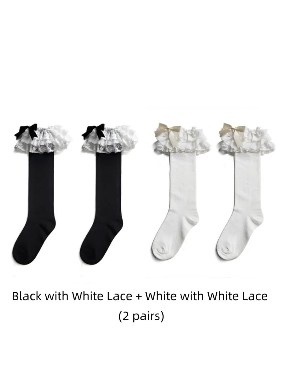 Plus Size Lolita Calf Socks, Layered Lace & Bow 45613:859800