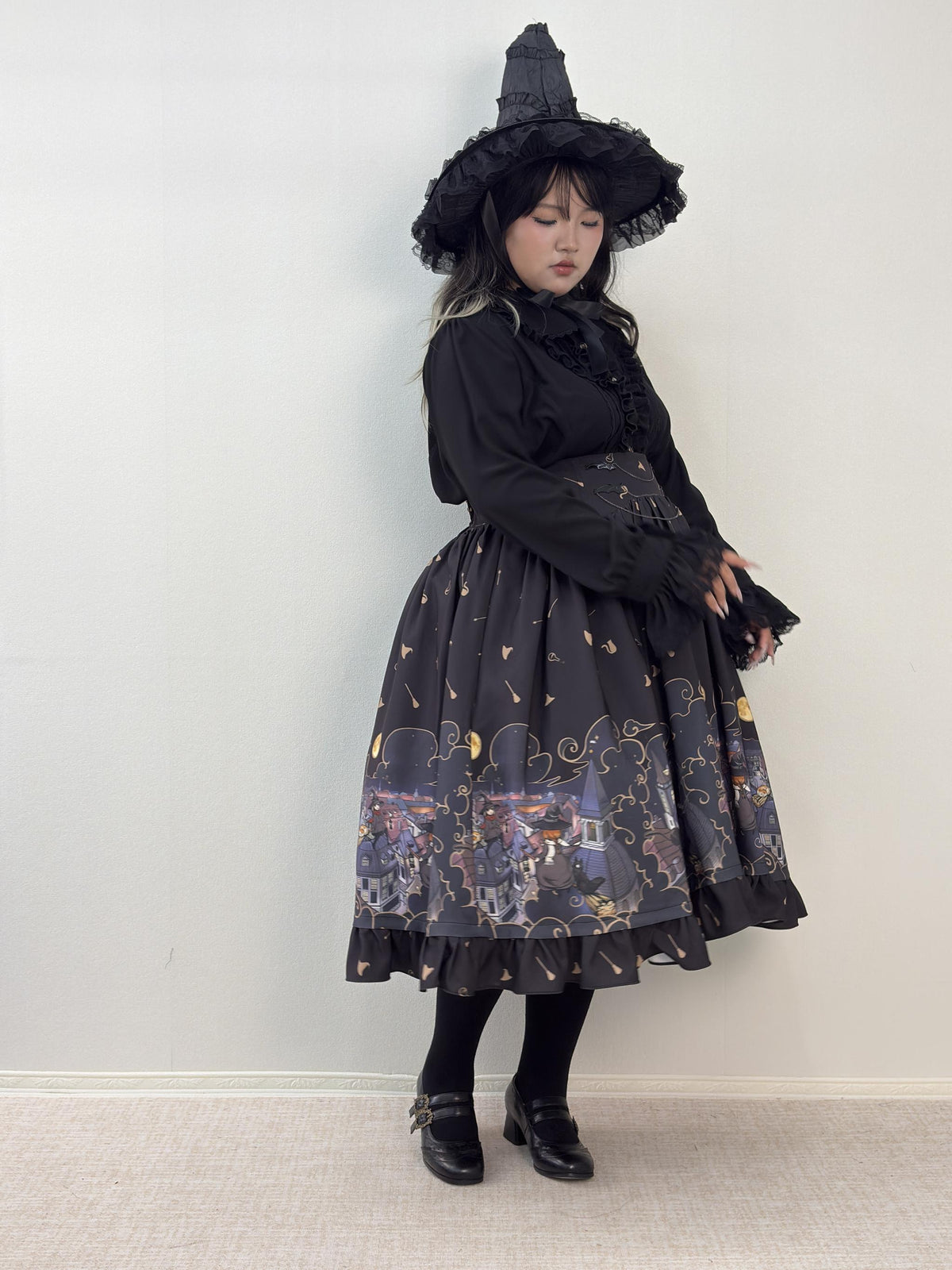Witching Night - Halloween Gothic Lolita Plus Size Skirt, Witch-Themed Print 46090:874803