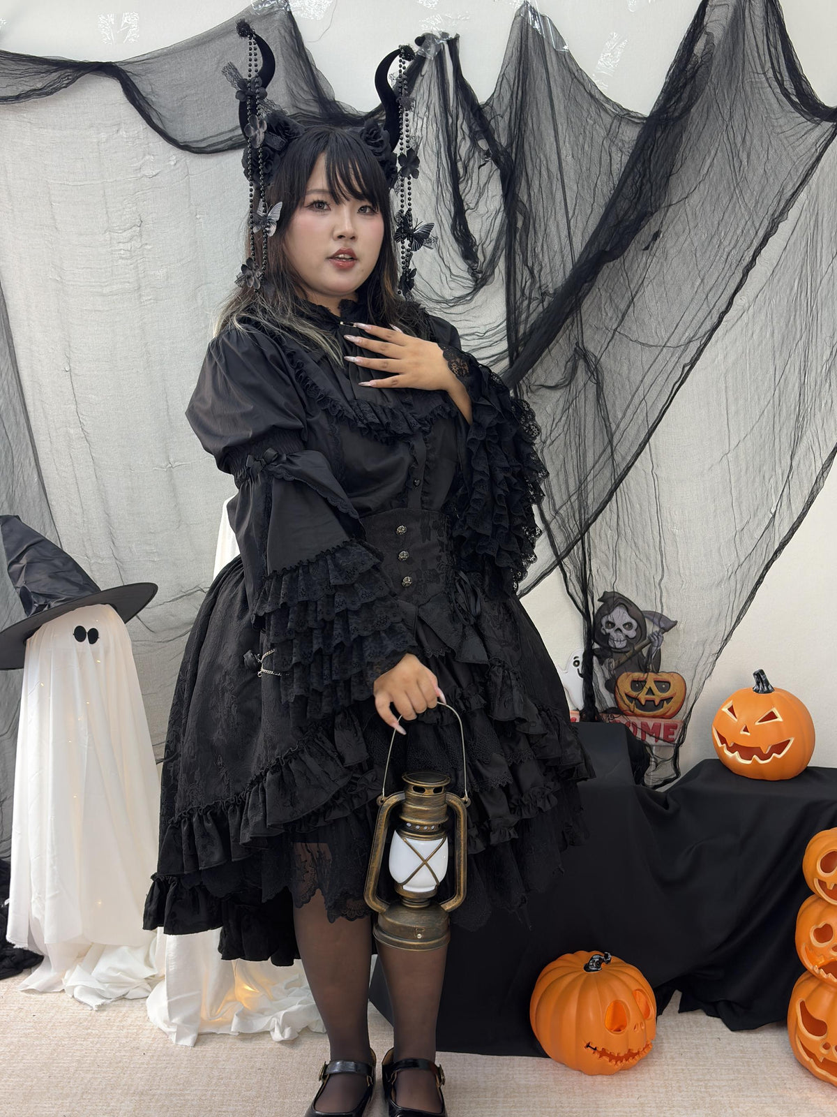 Blood Moon Rose - Gothic Lolita Plus Size Skirt with Integrated Jacquard Waist Cincher 45599:871697