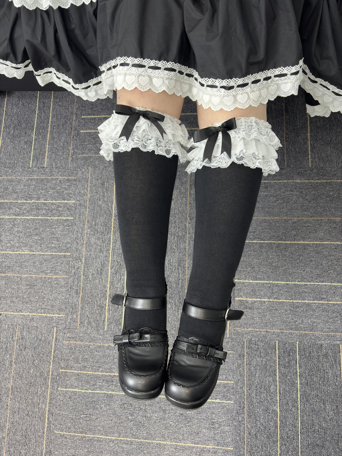 Plus Size Lolita Calf Socks, Layered Lace & Bow 45613:864961