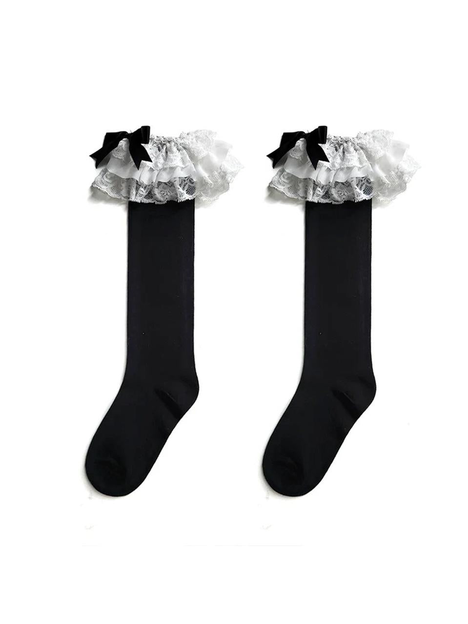 Plus Size Lolita Calf Socks, Layered Lace & Bow 45613:859793