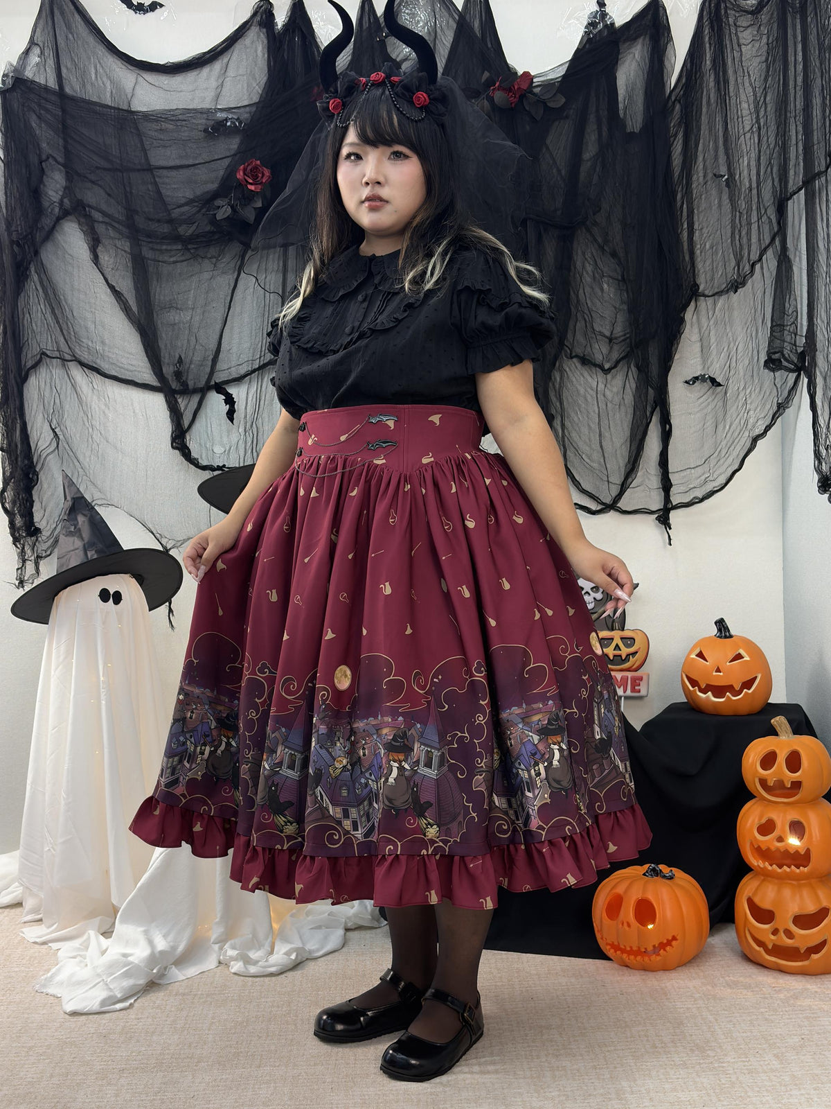 Witching Night - Halloween Gothic Lolita Plus Size Skirt, Witch-Themed Print 46090:874804