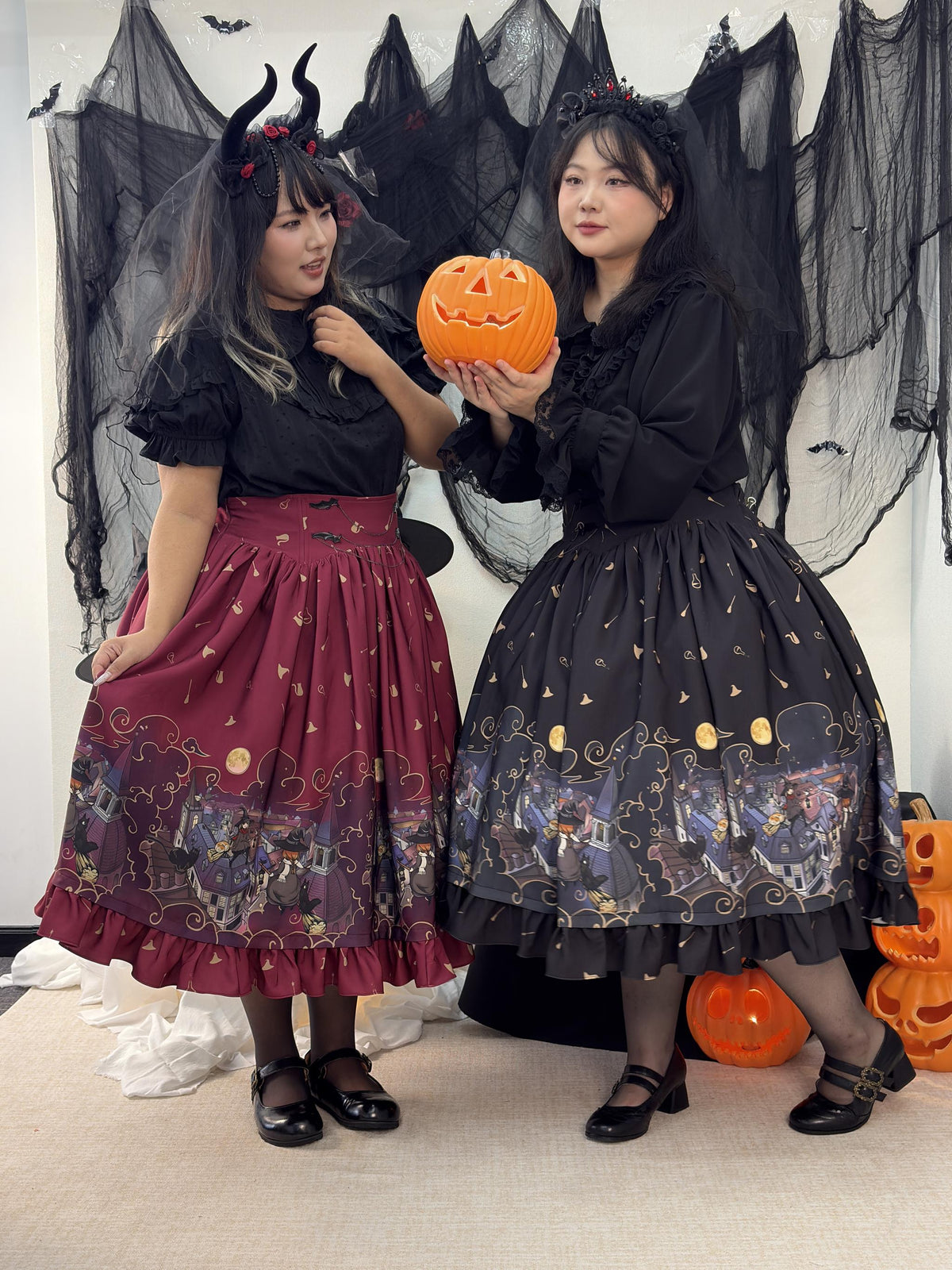 Witching Night - Halloween Gothic Lolita Plus Size Skirt, Witch-Themed Print 46090:874807