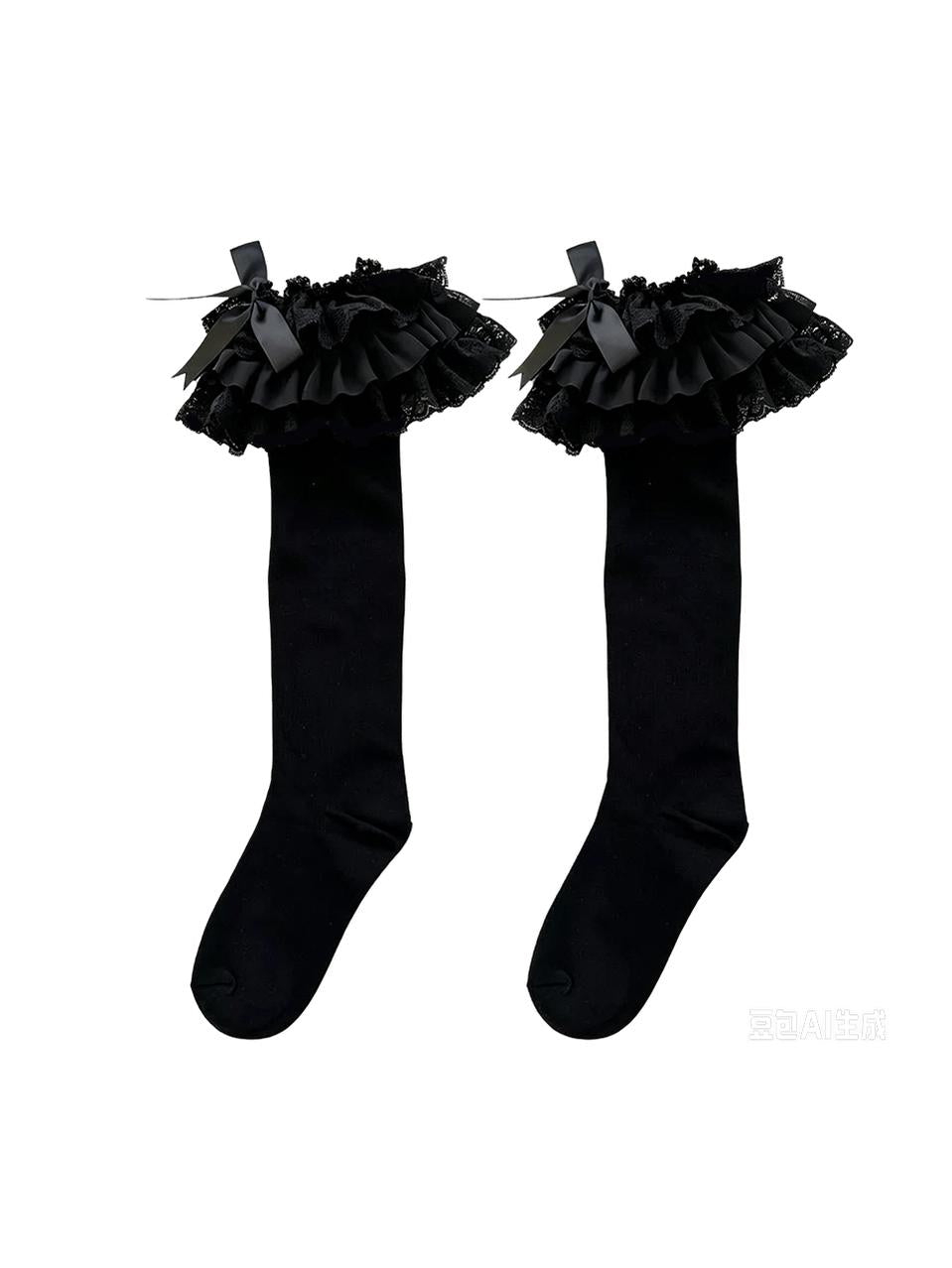 Plus Size Lolita Calf Socks, Layered Lace & Bow 45613:859790