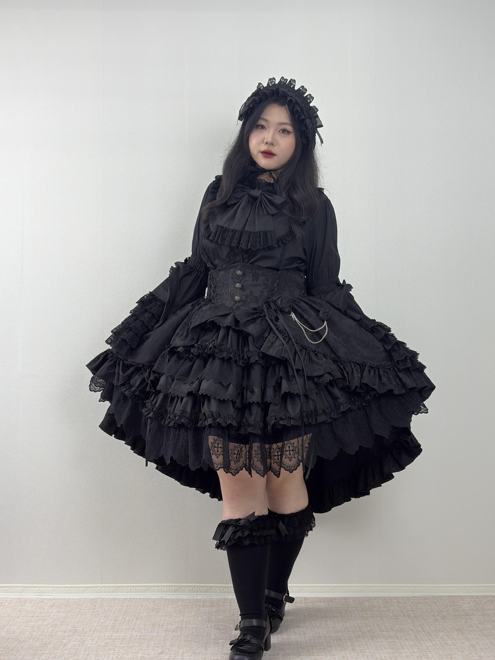 Blood Moon Rose - Gothic Lolita Plus Size Skirt with Integrated Jacquard Waist Cincher 45599:864964