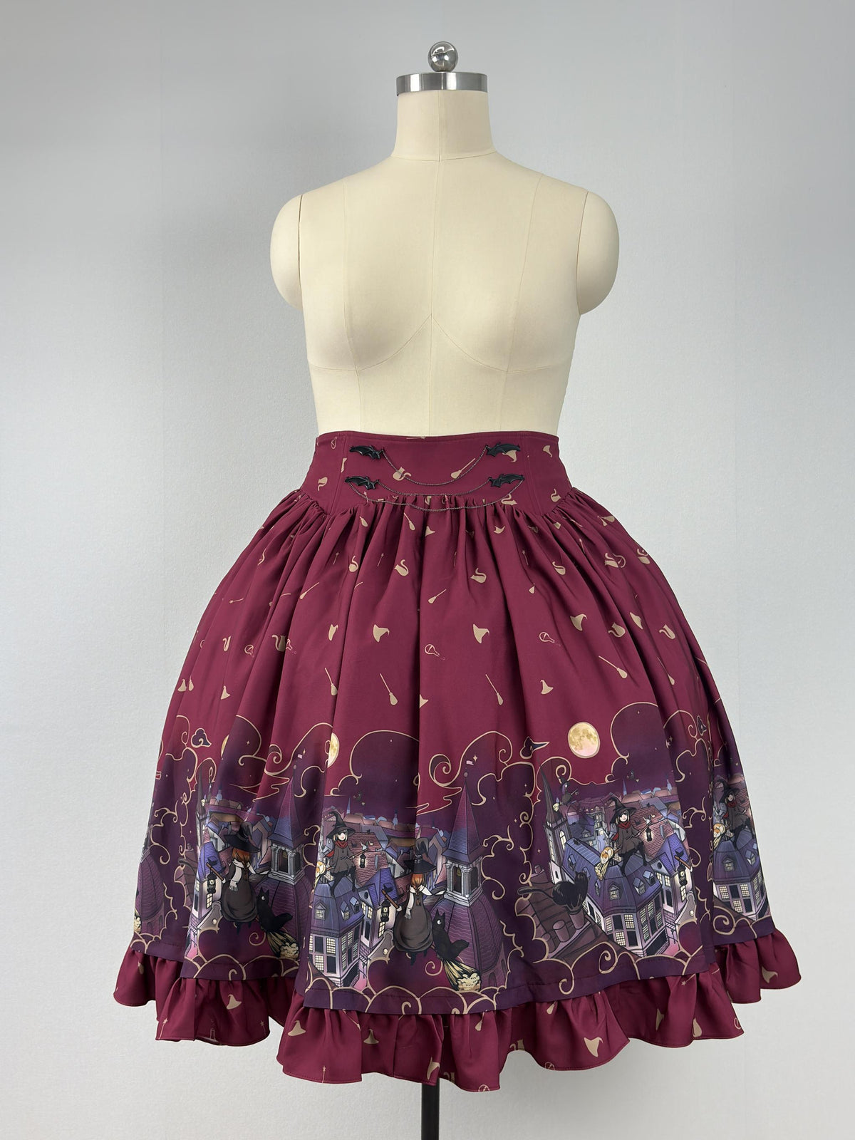 Witching Night - Halloween Gothic Lolita Plus Size Skirt, Witch-Themed Print (Burgundy / 1X 2X 3X) 46090:874806