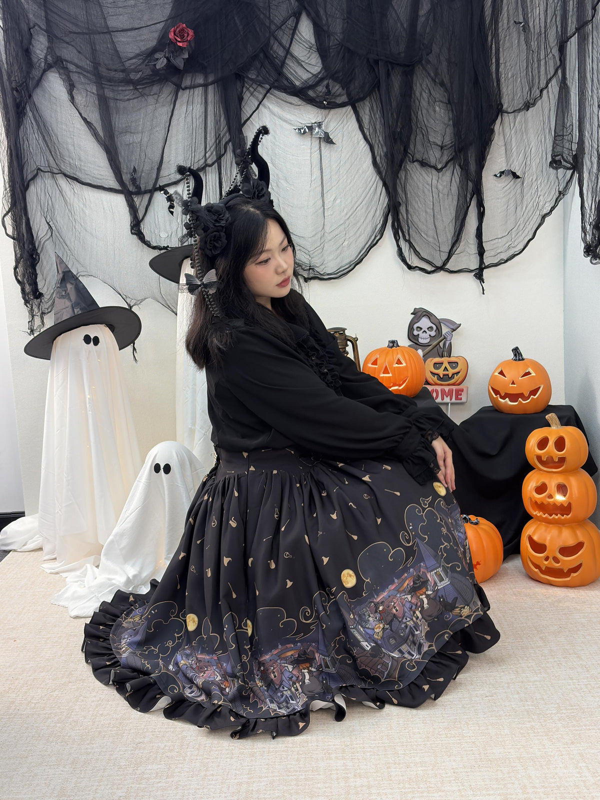 Witching Night - Halloween Gothic Lolita Plus Size Skirt, Witch-Themed Print 46090:874811