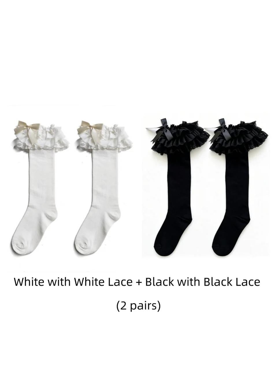 Plus Size Lolita Calf Socks, Layered Lace & Bow 45613:859798