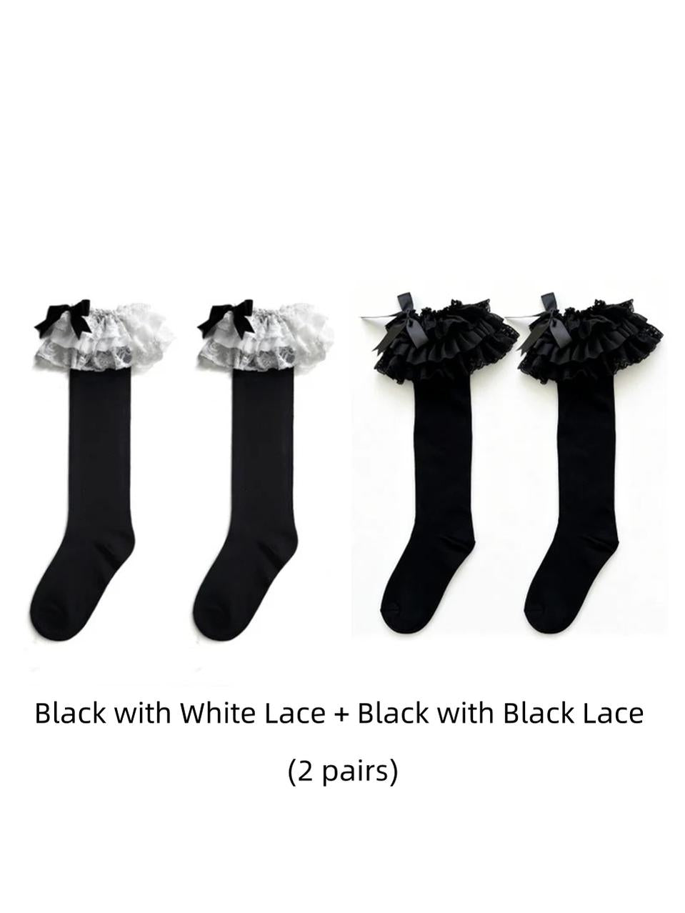 Plus Size Lolita Calf Socks, Layered Lace & Bow 45613:859799