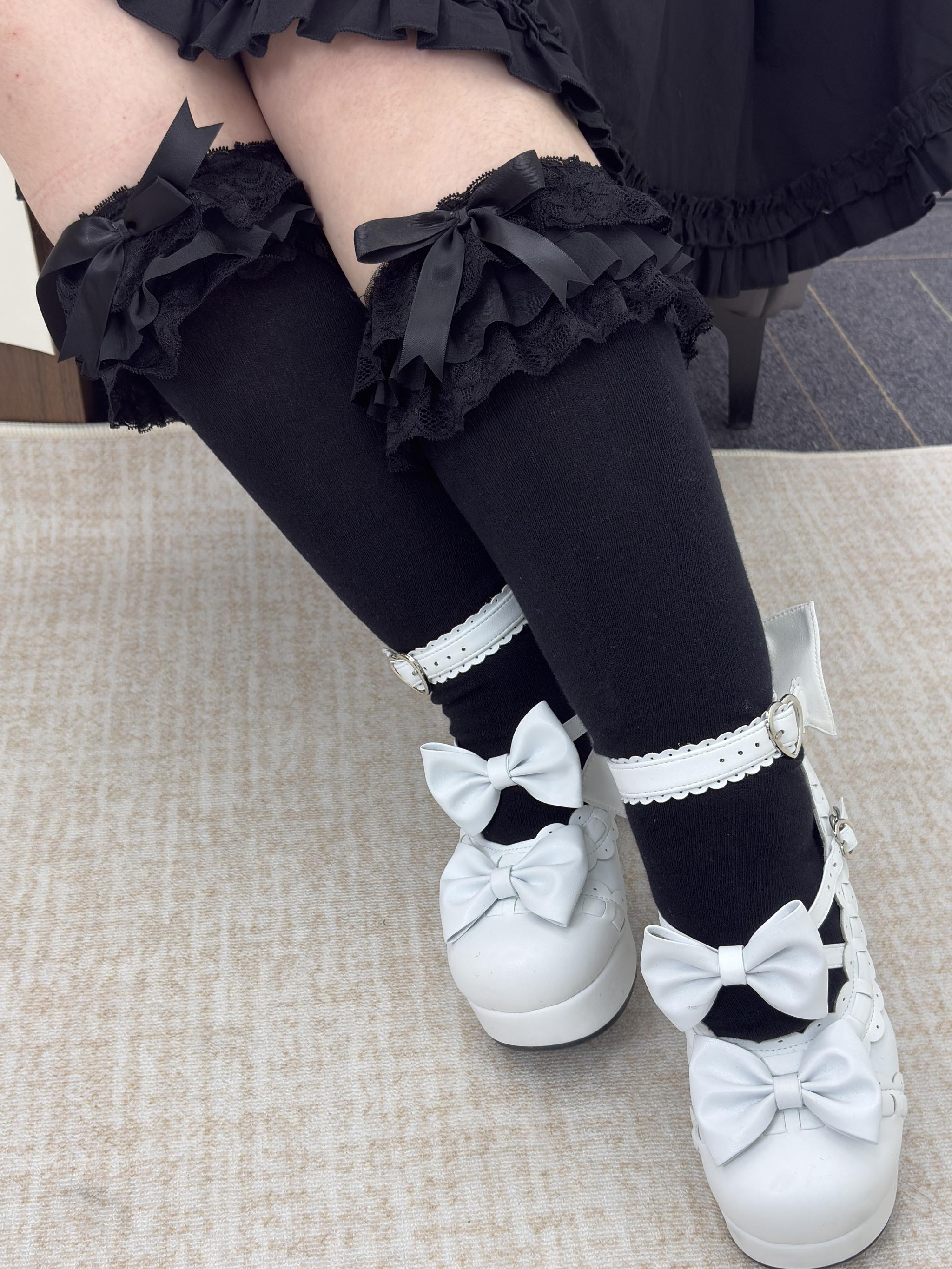 Plus Size Lolita Calf Socks, Layered Lace & Bow 45613:864959