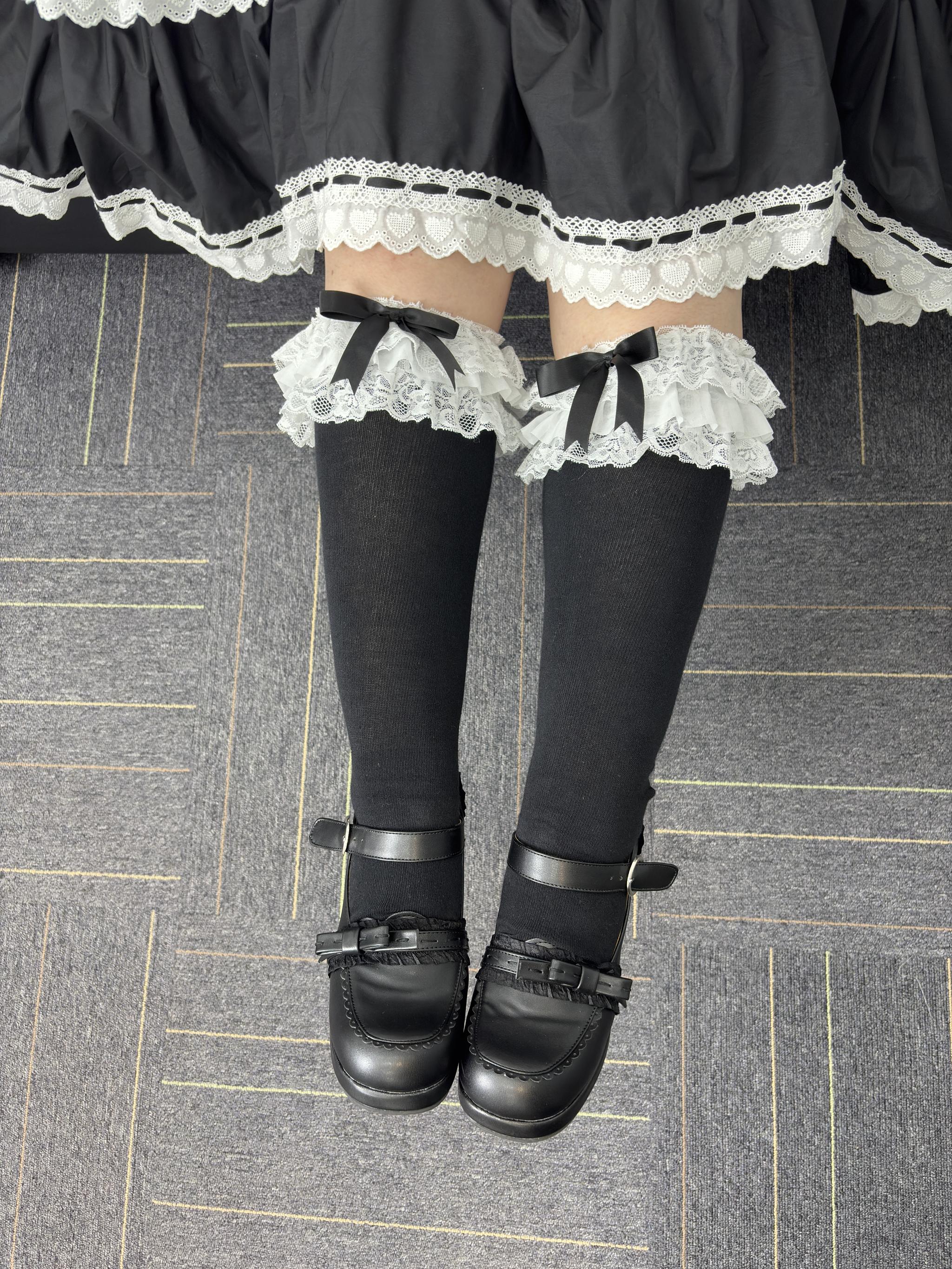 Plus Size Lolita Calf Socks, Layered Lace & Bow 45613:864961