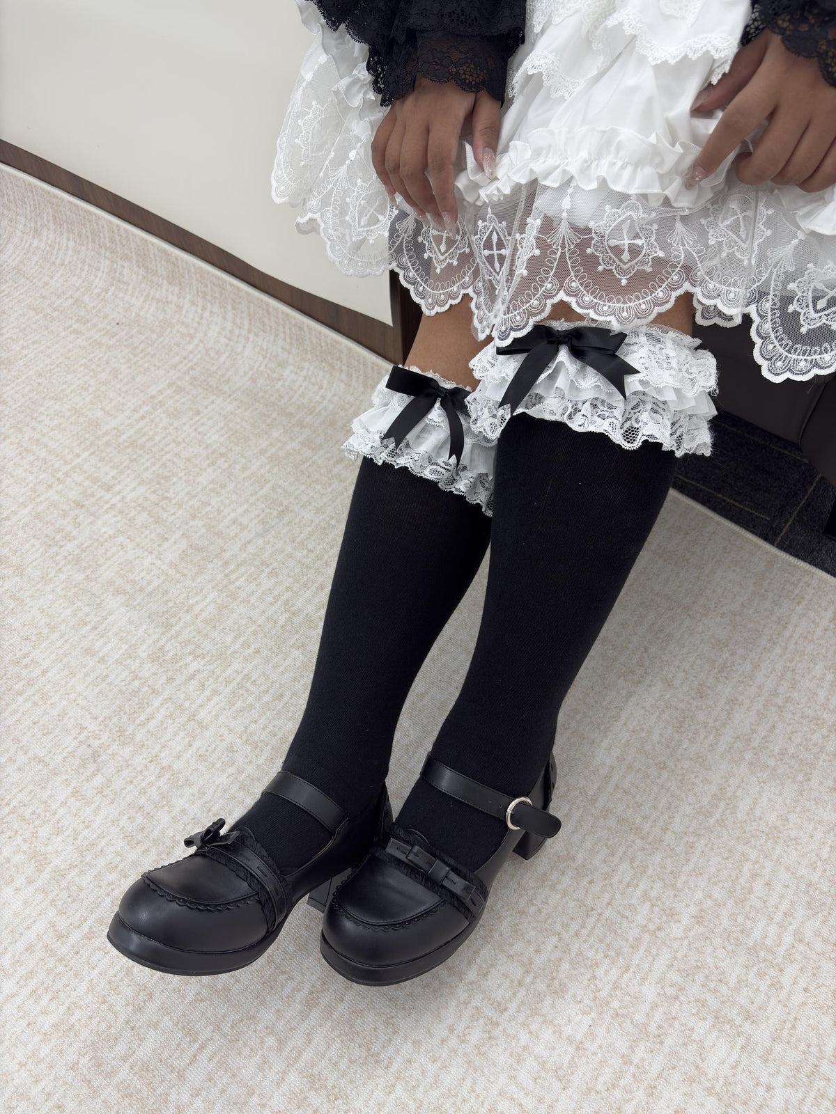 Plus Size Lolita Calf Socks, Layered Lace & Bow 45613:864960