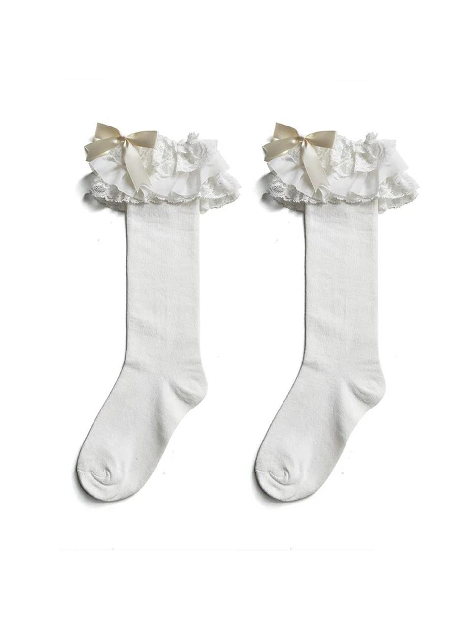 Plus Size Lolita Calf Socks, Layered Lace & Bow 45613:859789