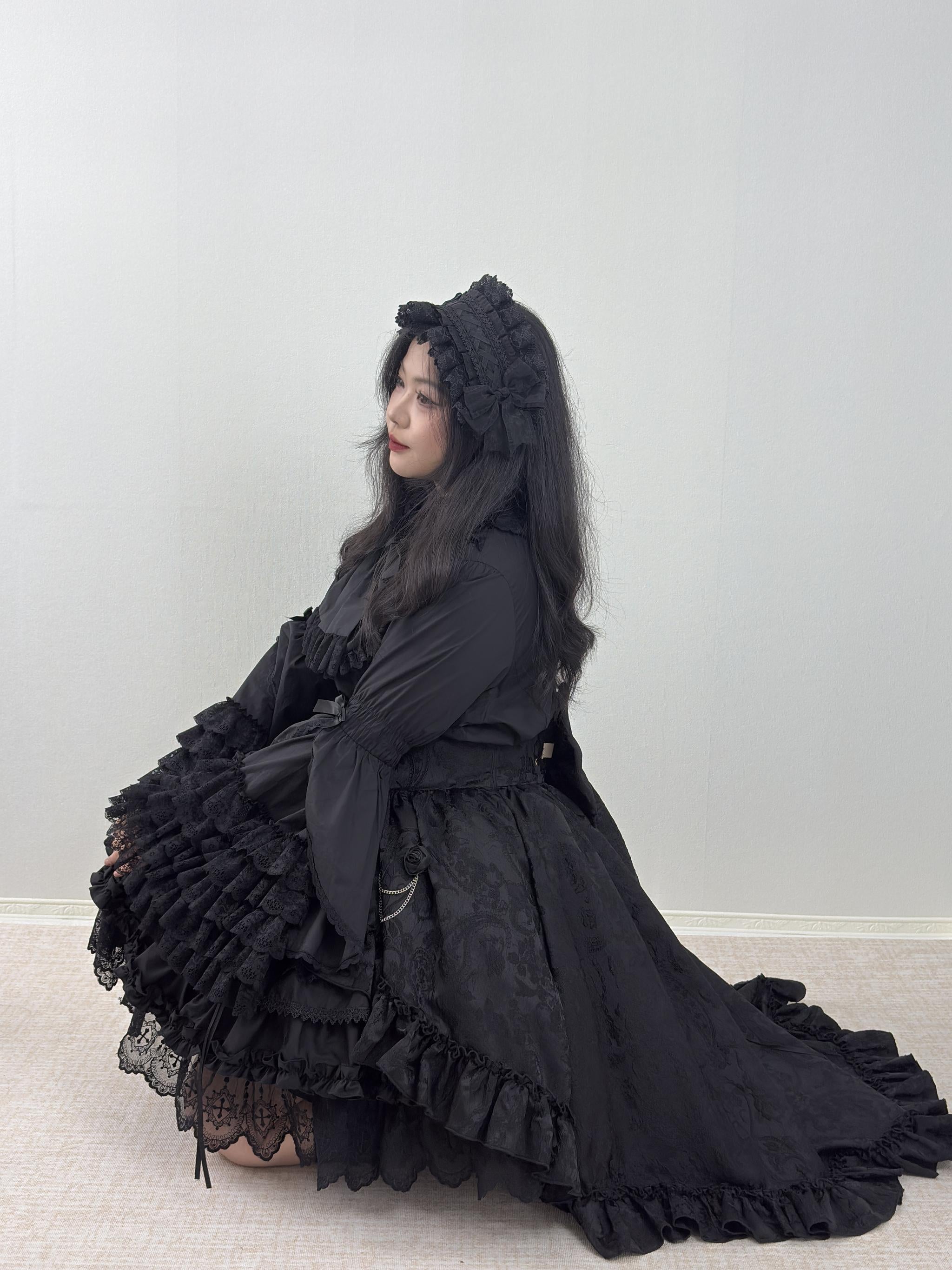 Blood Moon Rose - Gothic Lolita Plus Size Skirt with Integrated Jacquard Waist Cincher 45599:864965