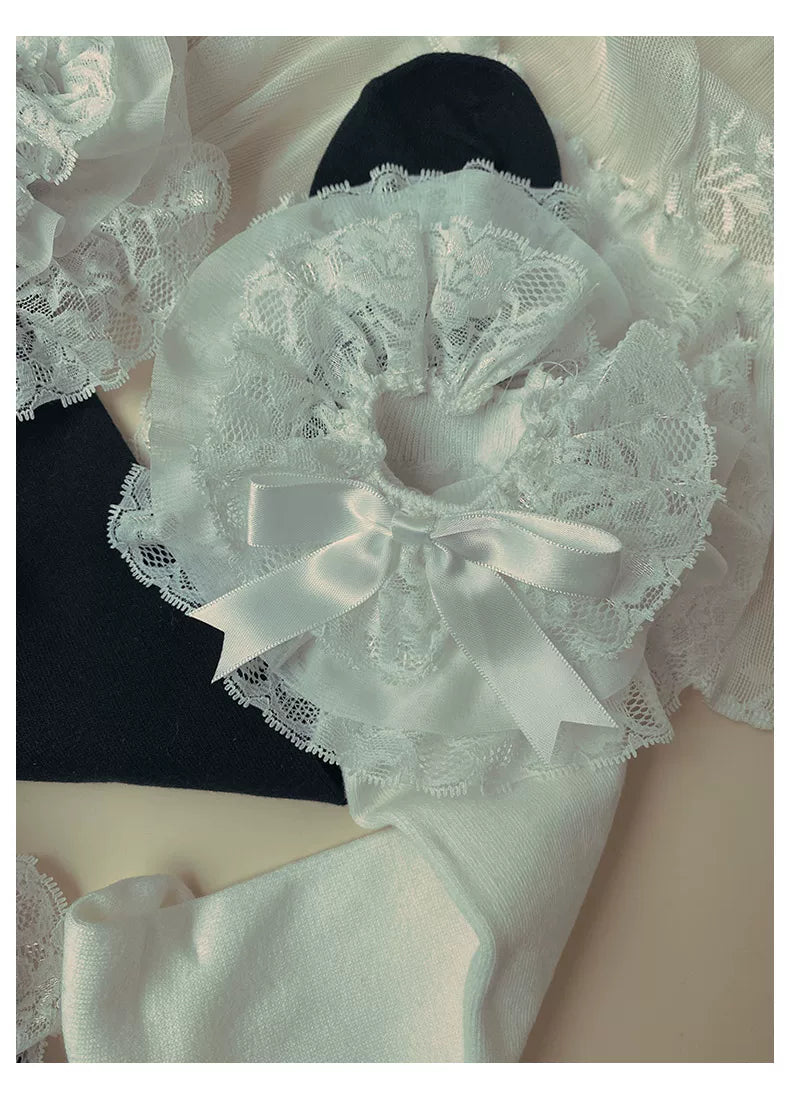 Plus Size Lolita Calf Socks, Layered Lace & Bow 45613:855405