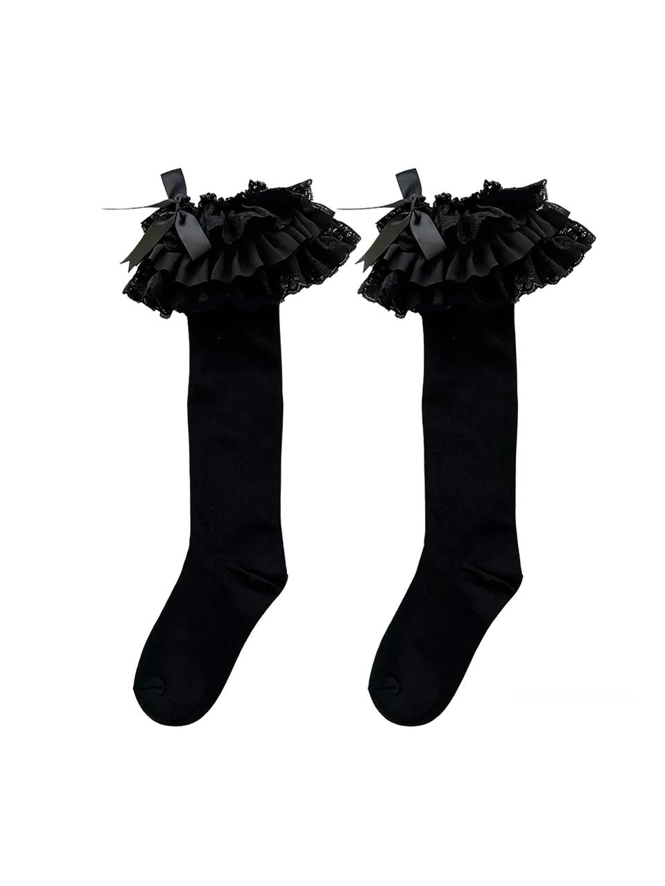 Plus Size Lolita Calf Socks, Layered Lace & Bow 45613:874611