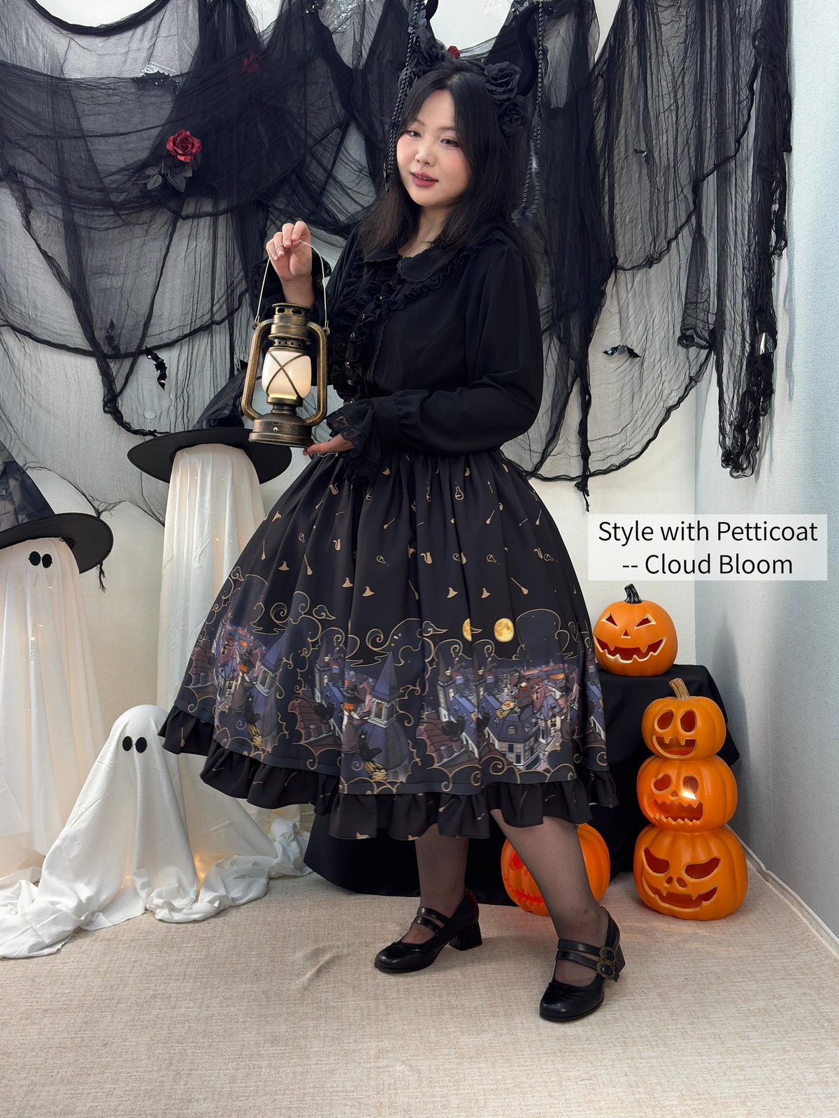 Witching Night - Halloween Gothic Lolita Plus Size Skirt, Witch-Themed Print 46090:874825
