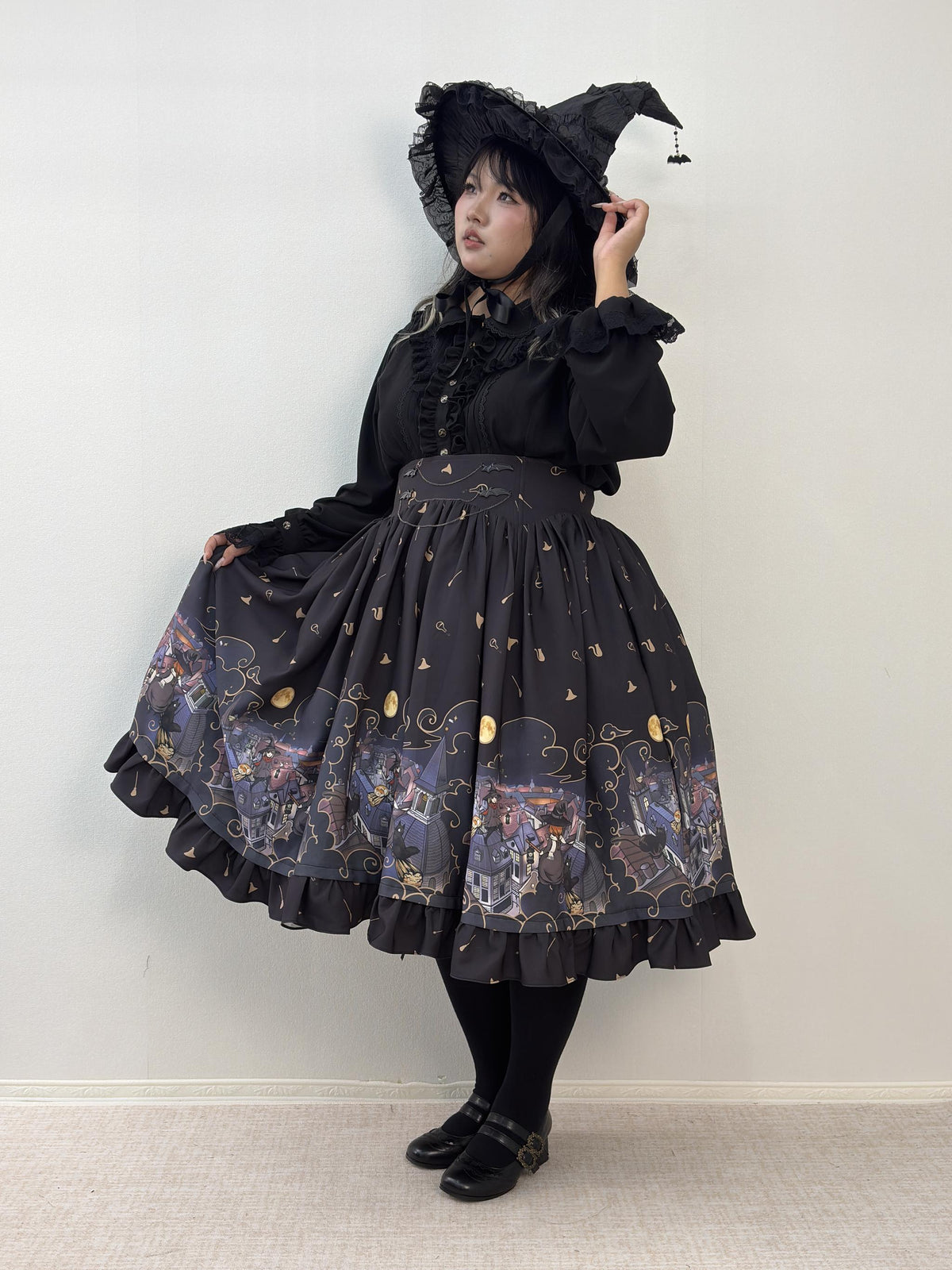 Witching Night - Halloween Gothic Lolita Plus Size Skirt, Witch-Themed Print 46090:874819