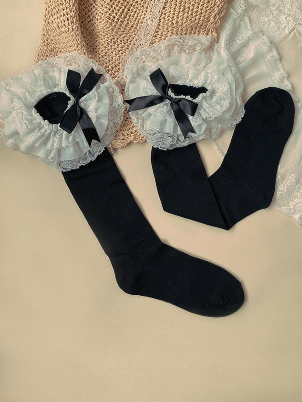 Plus Size Lolita Calf Socks, Layered Lace & Bow 45613:859796